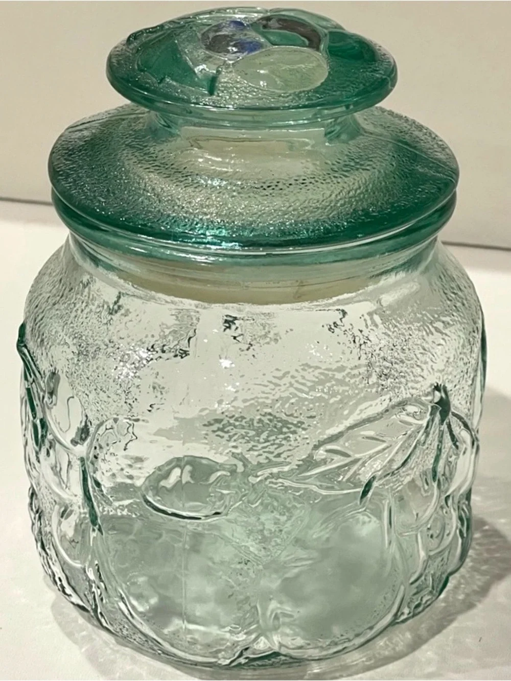 ☀️2/$20 Libbey “Fruit Orchard” Green Embossed Glass Lidded Jar Small Canister